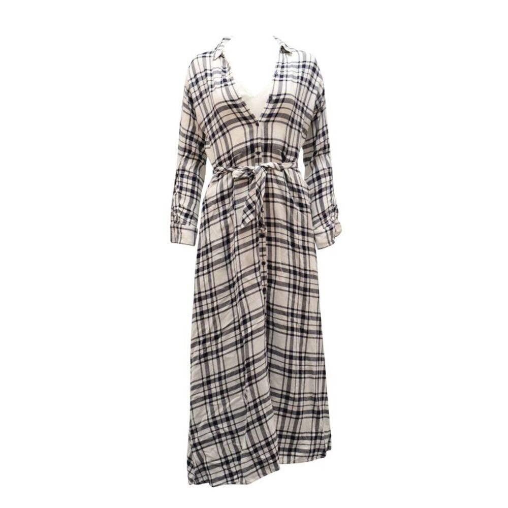 Theory Checkered V-Neck Longsleeve Maxi Dress in White Viscose